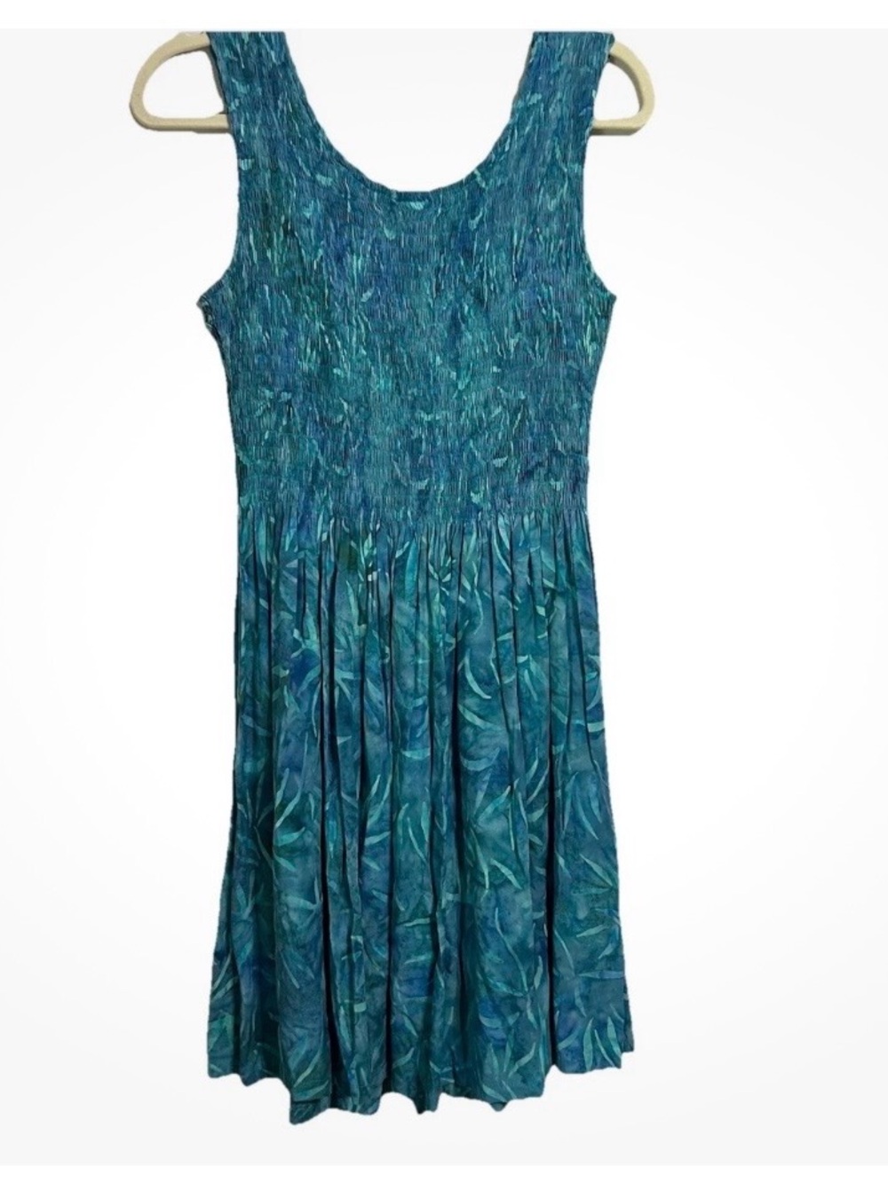 Smocked Sleeveless Midi Dress in Teal Leaf Print